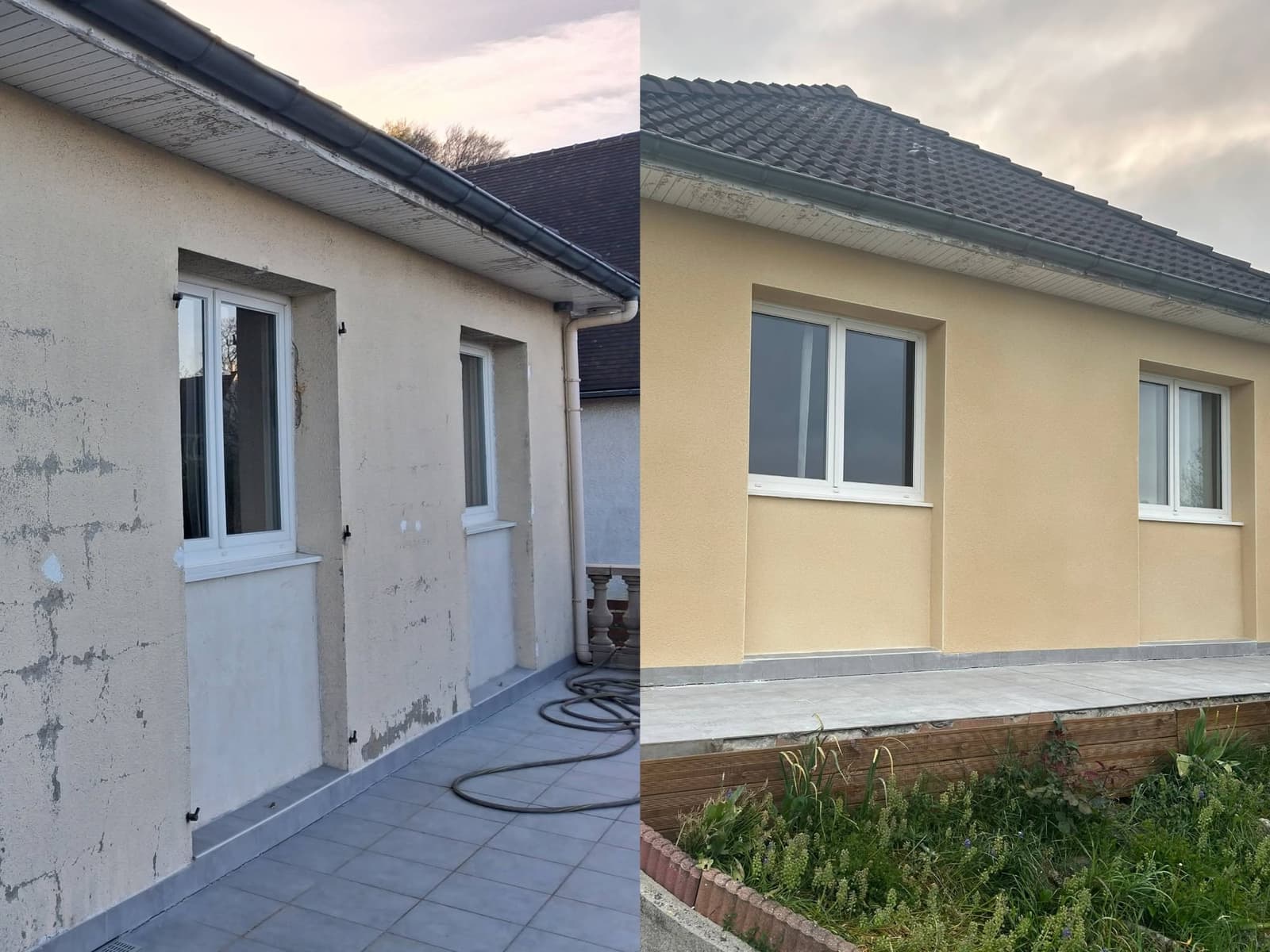 Façade de maison avant ravalement, enduit écaillé et taché, puis après : enduit refait et peinture jaune