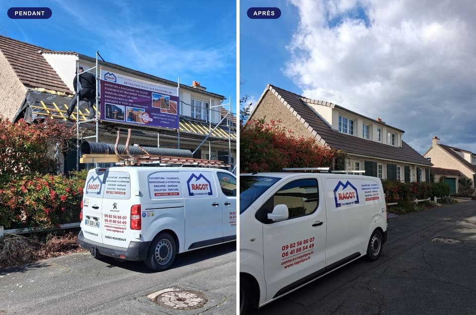 Maison pendant la réfection de sa couverture puis terminée avec ses tuiles neuves